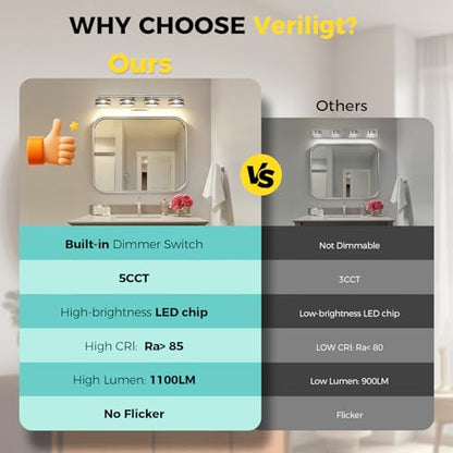 Vanity Light Fixture, 24.4 Inch 4-Light Bathroom Vanity Lighting with Brushed Nickel Finish, 5CCT Adjustable Wall Light, Dimmable Hardwired Vanity Fixture for Mirror Bathroom Guest Bath - size: 24.4 Inch Long