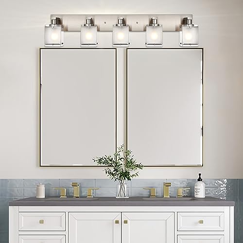 5-Lights Bathroom Vanity Light Fixtures, Modern Brushed Nickel Wall Sconce Lighting with Rectangular Frosted Glass Shades, E26 Bulb Base - color: Brushed Nickel, Frosted Glass, size: 5-Lights