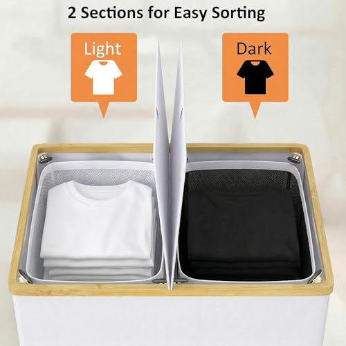 efluky Laundry Hamper with Lid, Double Laundry Basket with 2 Removable Bags, 2 Section Laundry Bin with Bamboo Handles for Bathroom, Bedroom & Laundry Room, 140L (36.9 Gallon) White - color: White, size: 140L Dual