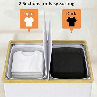 efluky Laundry Hamper with Lid, Double Laundry Basket with 2 Removable Bags, 2 Section Laundry Bin with Bamboo Handles for Bathroom, Bedroom & Laundry Room, 140L (36.9 Gallon) White - color: White, size: 140L Dual