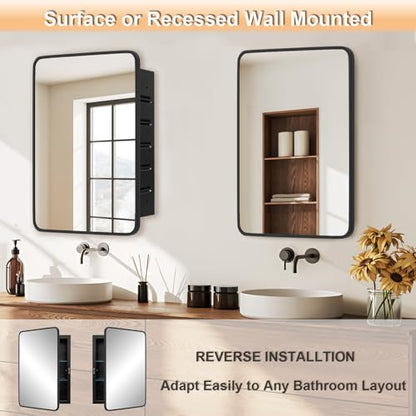 20x26 Medicine Cabinet with Mirror, Bathroom Storage Cabinet Mirror | Wall-Mounted or Recessed, Black Metal Frame, Adjustable Glass Shelves, Bathroom Vanity Mirror with Storage - size: 20"W x 26"H