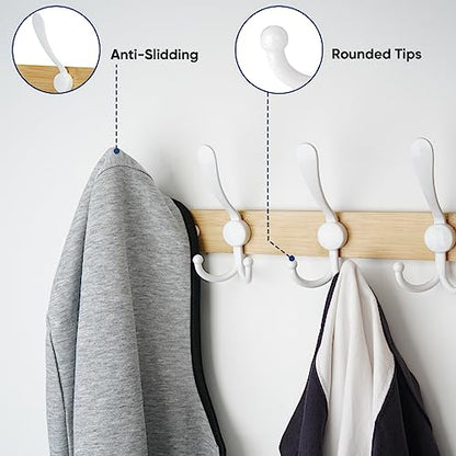 TICONN Wall Mounted Coat Rack, Five Heavy Duty Tri Hooks All Metal Construction for Jacket Coat Hat in Mudroom Entryway (Wood White, 2-Pack) - color: Wood White