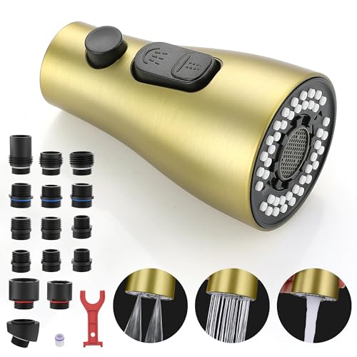 Kitchen Faucet Spray Head Replacement, Pull Down Sprayer with 15 Adapters | Pull Out Faucet Spray Nozzle, 3 Modes Stream/Spray/Strong Spray, DOE CEC Certified, Simple Installation, Brushed Gold - color: Gold Brushed
