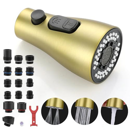 Kitchen Faucet Spray Head Replacement, Pull Down Sprayer with 15 Adapters | Pull Out Faucet Spray Nozzle, 3 Modes Stream/Spray/Strong Spray, DOE CEC Certified, Simple Installation, Brushed Gold - color: Gold Brushed