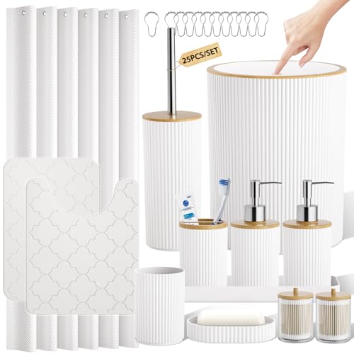 White and Wooden Bathroom Accessories Set, 25PC Bathroom Accessory Sets, Bathroom Sets with Push Top Trash Can, Shower Curtain and Rugs, Toilet Brush, Trash Can & Soap Dispenser - color: White & Wood, size: Bath Set&Shower Curtain&Bath Rugs