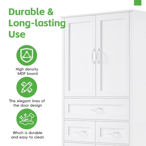 JIVOIT 70" Tall Bathroom Storage Cabinet with 4 Doors and 3 Drawers | Freestanding Linen Tower, Adjustable Shelves, MDF Board White Bathroom Organizer, Aluminum Alloy Hook, Space-Saving - color: White//56