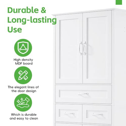 JIVOIT 70" Tall Bathroom Storage Cabinet with 4 Doors and 3 Drawers | Freestanding Linen Tower, Adjustable Shelves, MDF Board White Bathroom Organizer, Aluminum Alloy Hook, Space-Saving - color: White//56
