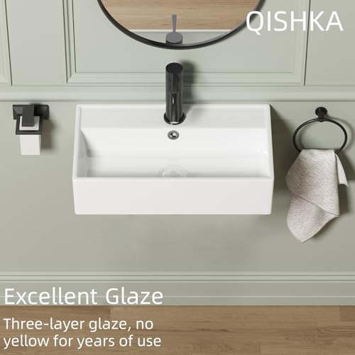 Wall Mount Rectangular Bathroom Sink, QISHKA 22"x12.4" Modern Ceramic Floating Vessel Sink, White Rectangle Vanity Sink with Overflow, Wall Hung Wash Hand Basin - size: 22" x 12.4" x 5.3"