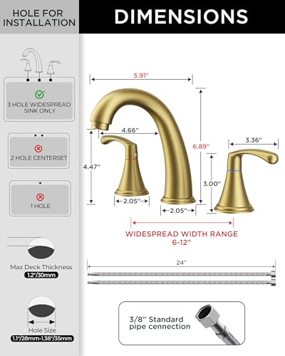 FORIOUS Bathroom Sink Faucet 3 Hole Widespread 8 Inch 2 Handle Brushed Gold | 3-hole 6-12 Inch Widespread Sink Faucets with Drain and Water Supply Lines, for Vanity Rv Commercial Lavatory Restroom Basin - color: Brushed Gold, style: Modern