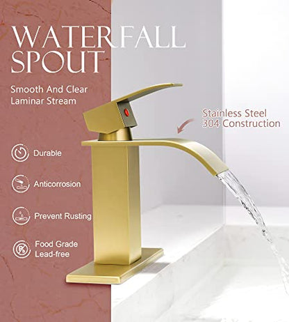 Gold Bathroom Faucet, Waterfall Sink Faucet with Drain for 1 or 3 Hole | YardMonet Brushed Gold Bathroom Sink Faucet, Modern Waterfall Spout Faucet with Drain Assembly and Hose, 304 Stainless Steel - size: Short