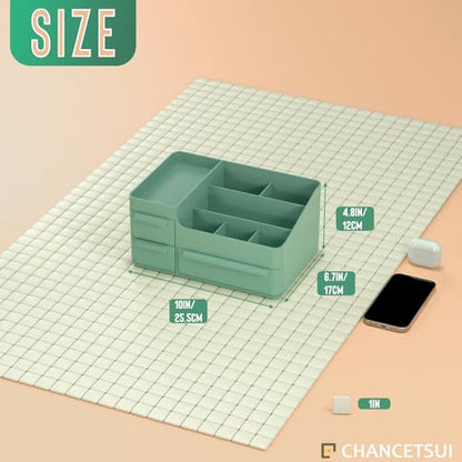 Green Makeup Organizer Countertop for Vanity: Bathroom Counter Storage | Multi Compartment Skincare Box with Drawer for Desktop Dresser Table
