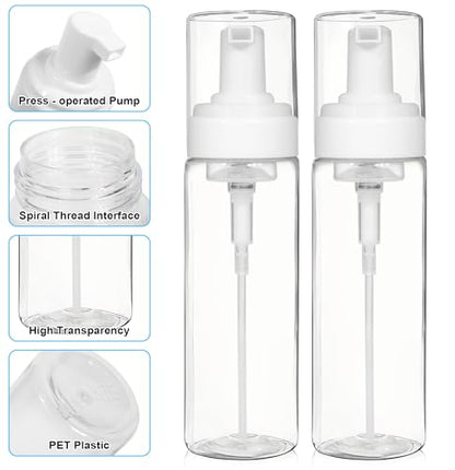 2PCS 200ml/7oz Foam Pump Bottles, Travel Size Foaming Dispenser | Reusable travel foam pump bottles for hand soap, lash cleanser, shampoo & body wash
