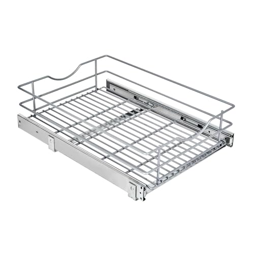 Pull Out Cabinet Organizer, (14½"W x 20" D) Soft Close Slide Out Drawer, 1 Tier Pull Out Cabient Shelf for Kitchen Base Cabinet Under Sink Space, Pantry Organization, Bathroom, Wire Basket - size: 1 Tier(14½"W x 20"D)