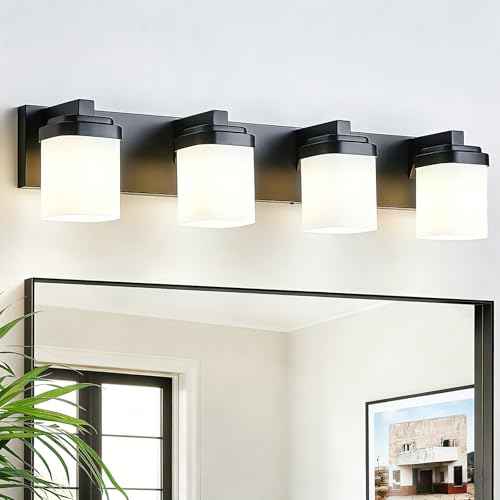 29 Inches Bathroom Vanity Light, 4-Light Black Bathroom Light Fixtures Over Mirror, Bathroom Light Shower Lamp with Milky White Square Glass Shade, Modern Farmhouse Lighting Fixtures - color: Black, size: 29 Inch : 4-lights