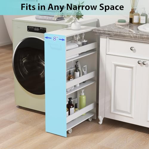 POWERSTONE 4-Tier Slim Storage Cart, Narrow Kitchen Rolling Cart w/Handle & Open Shelves, Skinny Slide Out Utility Organizer Trolley for Kitchen Bathroom Laundry Small Spaces White - color: White