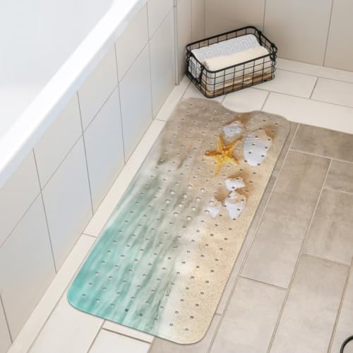 LNOND Summer Beach Bathtub Mat Non Slip, 40 X 16 Inch Tub Mat for Bathroom, Starfish Seashore Bath Tub Shower Mat with Drain Holes and Suction Cups - color: Beanch Starfish
