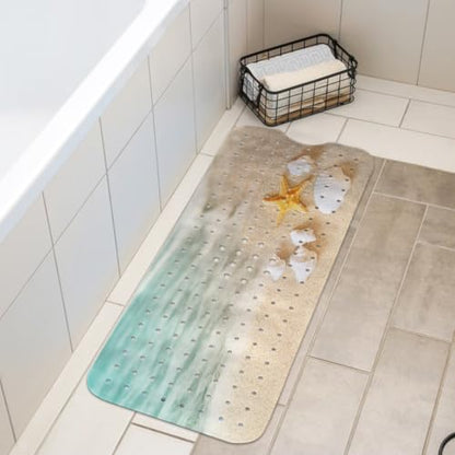 LNOND Summer Beach Bathtub Mat Non Slip, 40 X 16 Inch Tub Mat for Bathroom, Starfish Seashore Bath Tub Shower Mat with Drain Holes and Suction Cups - color: Beanch Starfish