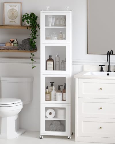 Vtopmart 63.2" Tall Slim Bathroom Storage Cabinet with 4 Adjustable Shelves and 4 Doors, Freestanding Cabinets Organizer with Wheels and Anti-tip for Laundry, Kitchen, Pantry, White