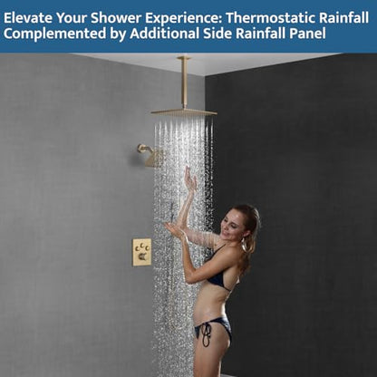 Thermostatic Shower System Brushed Gold, Push Button Diverter Shower Faucet with 2 in 1 Handheld, Ceiling Mount 12 Inch Shower Head with 6 Inch Wall Mount Shower Head - color: Brushed Gold, style: 12 Inch
