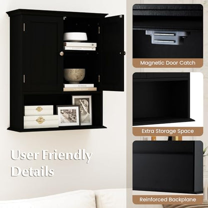 Bathroom Wall Cabinet, Over the Toilet Storage Cabinet with 2 Doors, 3 Heights Adjustable Shelf & Open Shelf, Wooden Hanging Medicine Cabinet for Bathroom, Kitchen, Living & Laundry Room, Black - color: Black