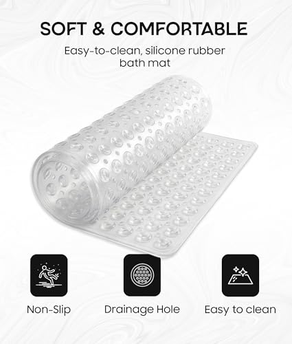 Square Shower Mat Non Slip, 21x21 Inch Square Bathtub Mat for Inside-Shower with Suction Cups Drain Holes, Anti-Slip Bathroom Floor Shower Stall Mats, Soft Bath for Tub, Machine Washable - Clear - color: White