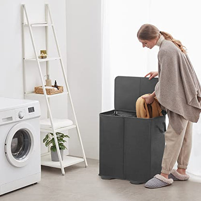 Lifewit Double Laundry Hamper with Lid and Removable Laundry Bags, Large Collapsible 2 Dividers Dirty Clothes Basket with Handles for Bedroom Laundry Room Closet Bathroom College, 136L Black - color: Black, size: 136L