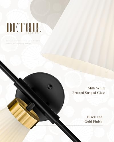 Bathroom Vanity Light, HWH 3-Light Wall Light Fixture for Bathroom Bedroom, Black and Gold Vanity Lights with Frosted Milk White Striped Glass, 5HZG97B-3W BK+BG - color: Black and Gold, size: 3-Light