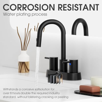 Stainless Steel Matte Black Bathroom Faucet with Pull Out Sprayer, Black Dual-Function Spout Bathroom Sink Faucet, 4 Inch Two Handle Utility Sink Faucet with Sprayer 3 Hole, Pet Shower, RVs - color: Matte Black