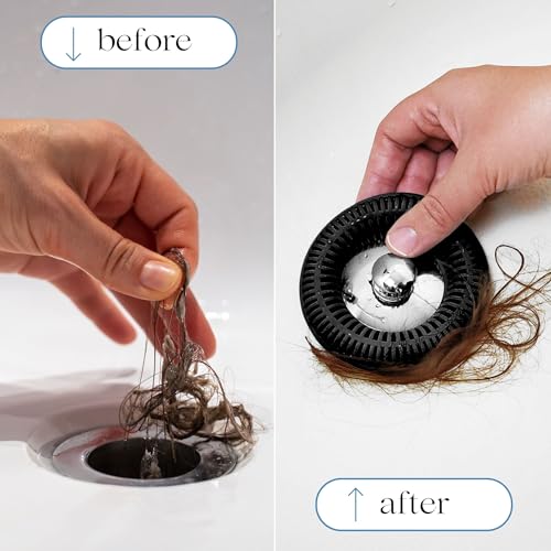 TubRing Pop-Up Drain Protector & Strainer Silicone Hair Catcher, Black | Easy snap-in design fits around bathtub stoppers. Customizable utility guard for clog prevention. Fits 1.85"- 2.16" drains. - color: Black