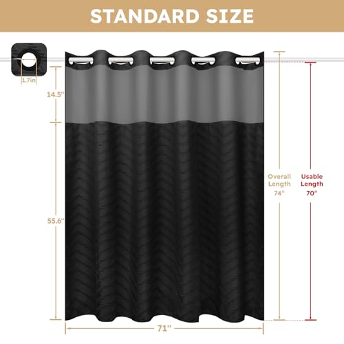 FADOTY Black No Hook Shower Curtain Set with Snap in Liner, 71'' x 74'' | Bathroom Hotel Fabric Curtain, Waterproof Washable Liner, See Through Top Window, Ringless Chevron Tufted Cloth Curtain - color: Black, size: 71"W x 74"L (Pack of 1)