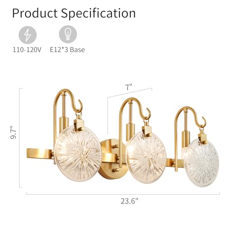 WUZUPS 3-Light Bathroom Light Fixture Over Mirror Morden Vanity Wall Sconces Clear Glass Shade for Bedroom Living Room, E12 Base, Brass Gold - color: Brass Gold, Glass shade