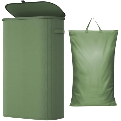 Lifewit Slim Laundry Basket with Lid, Narrow Large Laundry Hamper with Plastic Handles and Removable Bag, Tall Foldable Dirty Clothes Hampers for Laundry Room, Bedroom, Bathroom, Dorm, 65L Green - color: Green, size: 65L