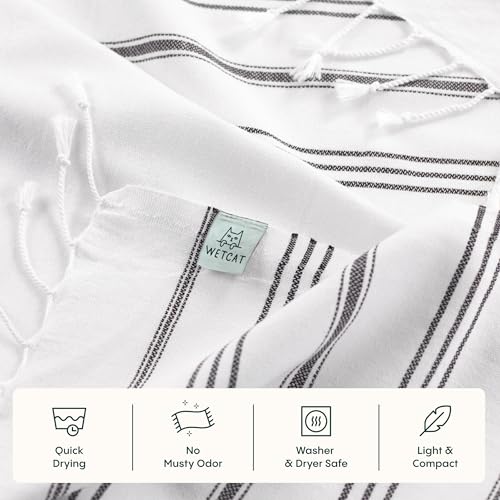 WETCAT Turkish Hand Towels with Hanging Loop, Set of 2 (20" x 30") 100% Turkish Cotton, Pre-Washed, Quick Drying, for Kitchen or Bathroom - Black & White - color: Black & White