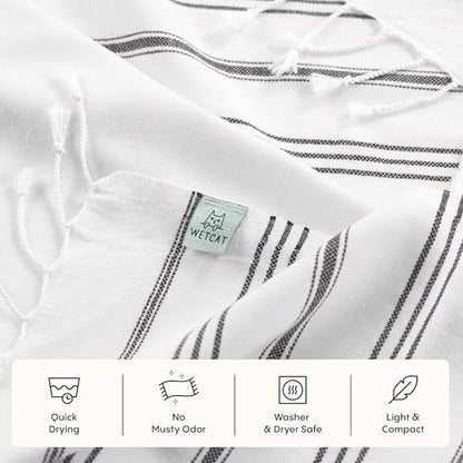 WETCAT Turkish Hand Towels with Hanging Loop, Set of 2 (20" x 30") 100% Turkish Cotton, Pre-Washed, Quick Drying, for Kitchen or Bathroom - Black & White - color: Black & White