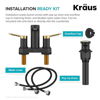 KRAUS Indy Centerset Bathroom Faucet in Spot-Free Brushed Brass/Matte Black with 2 Handles, Pop Up Drain and Supply Lines, FUS-14102SFBBMB - color: Spot Free Brushed Brass/Matte Black, style: Centerset