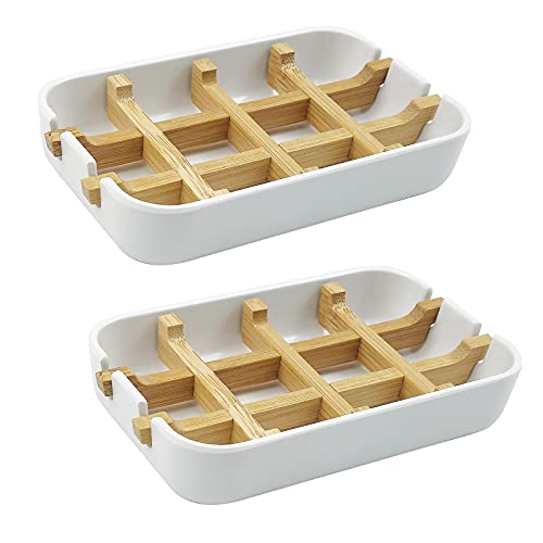 2 Pack Bamboo Soap Dish, Self-Draining Soap Box, Wooden Bamboo Bar Soap Holder for Shower, Bathroom, Kitchen, Bathtub, Bar Sink (White) - color: Two Pieces White