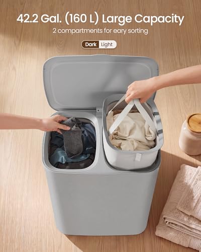 SONGMICS Laundry Basket with Lid, 42.2 Gallons, 2-Compartment Laundry Hamper with Handle, Removable Liner, Easy Assembly, 22 x 15.7 x 27.5 Inches, Dove Gray ULCB822G101 - color: Dove Gray