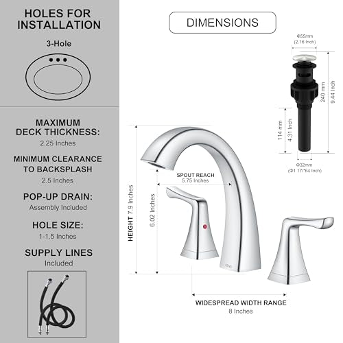 Bathroom Faucets for Sink 3 Hole, Chrome 8 Inch 2 Handle Widespread | Bathroom Vanity Faucet with Pop Up Drain & Supply Lines, Lead-Free cUPC & NSF Certified, 8 Inch Faucet for Vanity RV Sink - color: Chrome