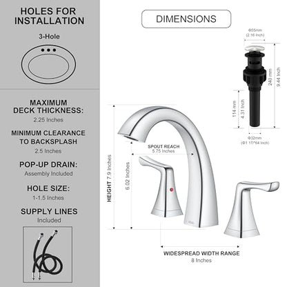 Bathroom Faucets for Sink 3 Hole, Chrome 8 Inch 2 Handle Widespread | Bathroom Vanity Faucet with Pop Up Drain & Supply Lines, Lead-Free cUPC & NSF Certified, 8 Inch Faucet for Vanity RV Sink - color: Chrome