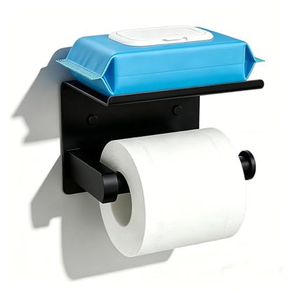 Matte Black Toilet Paper Holder Wall Mount, NEWRAIN Rustproof Toilet Tissue Holder with Phone Shelf, Stainless Steel Adhesive Toilet Roll Holder for Bathroom, Washroom, Kitchen, RV - color: Matte Black, style: Single