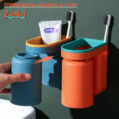 Toothbrush Holder Wall Mounted with Cup,2-in-1 Toothbrush Holders & Cups Set,Inverted Design for Easy Cleaning and draining,Stick-on Toothbrush Holder for Bathroom (Blue) - color: Blue