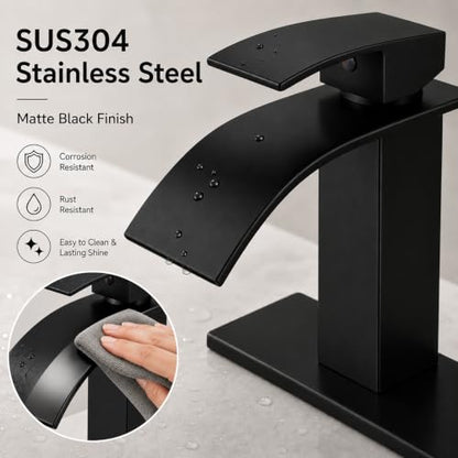 VOTON Black Bathroom Faucets Modern Waterfall Bathroom Sink Faucet Matte Black Single Handle Bathroom Faucet for 1 or 3 Holes with Deck Plate and Pop-Up Drain, Rv Sink Camper Farmhouse Bathroom Faucet - color: Black