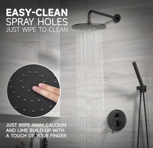 Lava Odoro Modern Rain Shower System Faucet Set, SF104-MB | 2-Setting Round Shower Valve Trim Kit, Matte Black Shower Head Set with Sprayer, 10 Inch, Rough-in Valve Included - color: Matte Black, style: Without Tub Spout