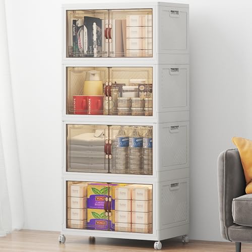 UAMFURI Stackable Storage Bins with Lids, 192QT Lockable Storage Cabinet | Folding Storage Box with Doors and Wheels, Collapsible Plastic Drawers for Home, Garage, Office - color: White, size: Medium