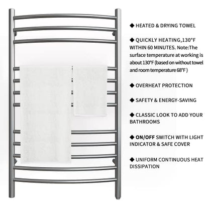 12-Bar Towel Warmer, Heated Towel Rack, Plug-in/Hardwired Gun Grey | 304 Stainless Steel Large 12-Bar Towel Warmer With Plug-In Or Hardwired Installation And Gun Grey Finish - color: Gun Grey