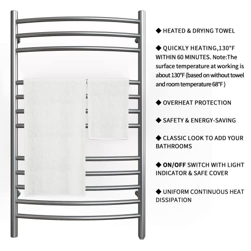 12-Bar Towel Warmer, Heated Towel Rack, Plug-in/Hardwired Gun Grey | 304 Stainless Steel Large 12-Bar Towel Warmer With Plug-In Or Hardwired Installation And Gun Grey Finish - color: Gun Grey