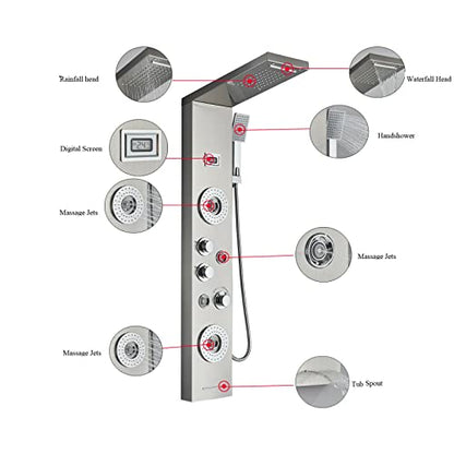LED Light Shower Panel Tower Rainfall Waterfall Shower Head with Massager Jets Body System Jet Black B (Color : Brushed Nickel F) - color: Brushed Nickel F