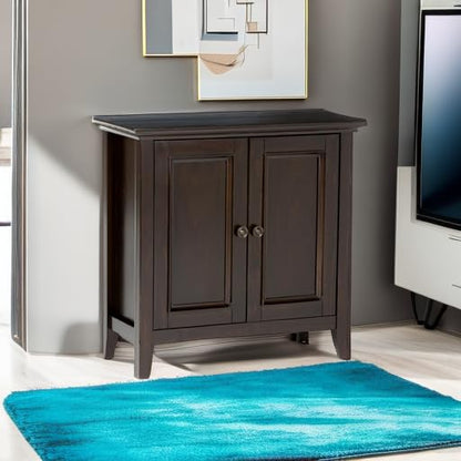 SIMPLIHOME Amherst 32" Wide Solid Wood Cabinet in Hickory Brown | Transitional-style low storage cabinet with adjustable shelves for organized living room, entryway or dining area storage.