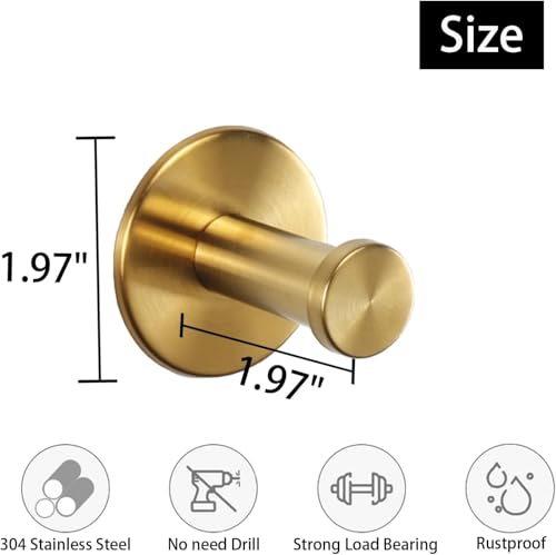 Bath Towel Hooks, 4 Pack Self Adhesive Coat Hooks, Sturdy No Drilling Robe Hook, SUS 304 Stainless Steel Heavy Duty Clothes Hanger, Wall Hooks for Bathroom Bedroom Kitchen (2 in, ‎Gold) - color: Gold-4