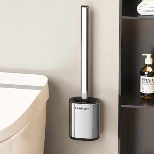 Toilet Brush and Holder, Stainless Steel | Removable Inner Bowl and Splash Protection,Flat and Elongated,Dense Bristles for Through Cleaning - color: Silver